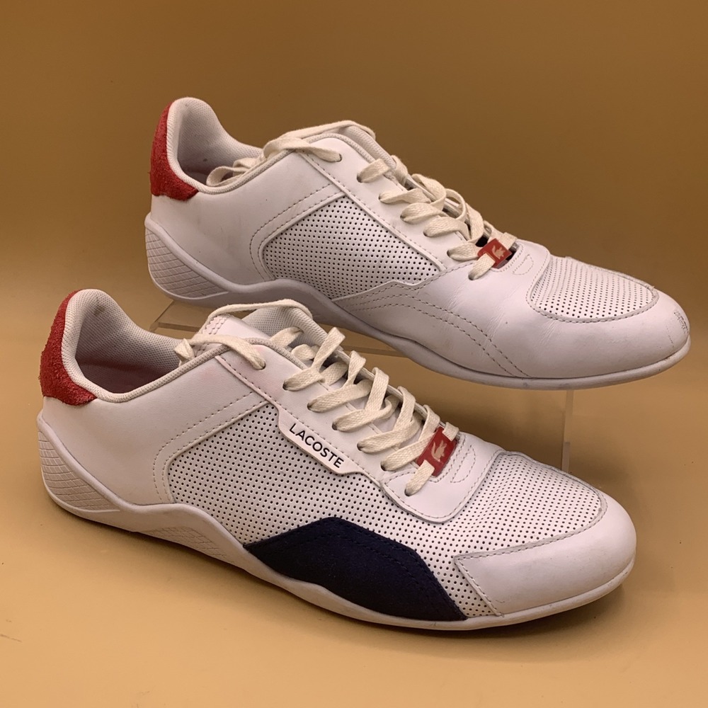 Lacoste Mens Hapona Leather and Synthetic Shoes White/Navy/Red Size US Men's 8